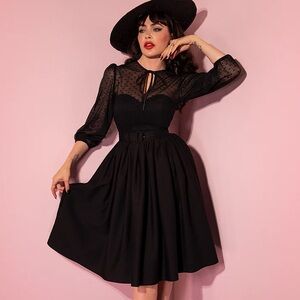 FRENCHIE SWING DRESS IN BLACK VIXEN BY MICHELINE PITT XL no belt mesh polka dots